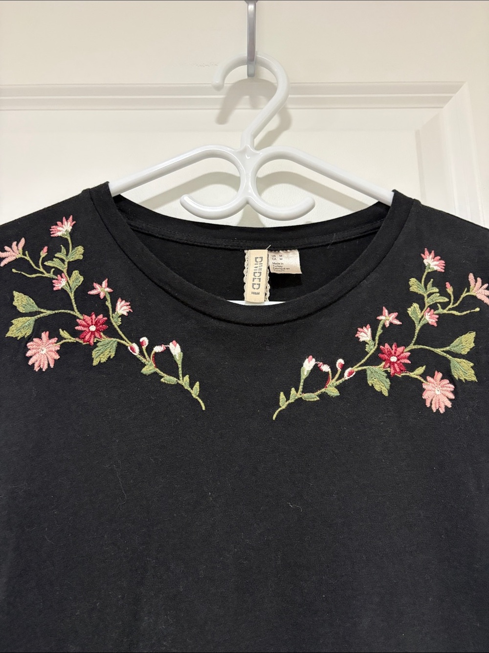 H&M Black Tee with Pink & Green Floral Embroidery - Picture 2 of 4